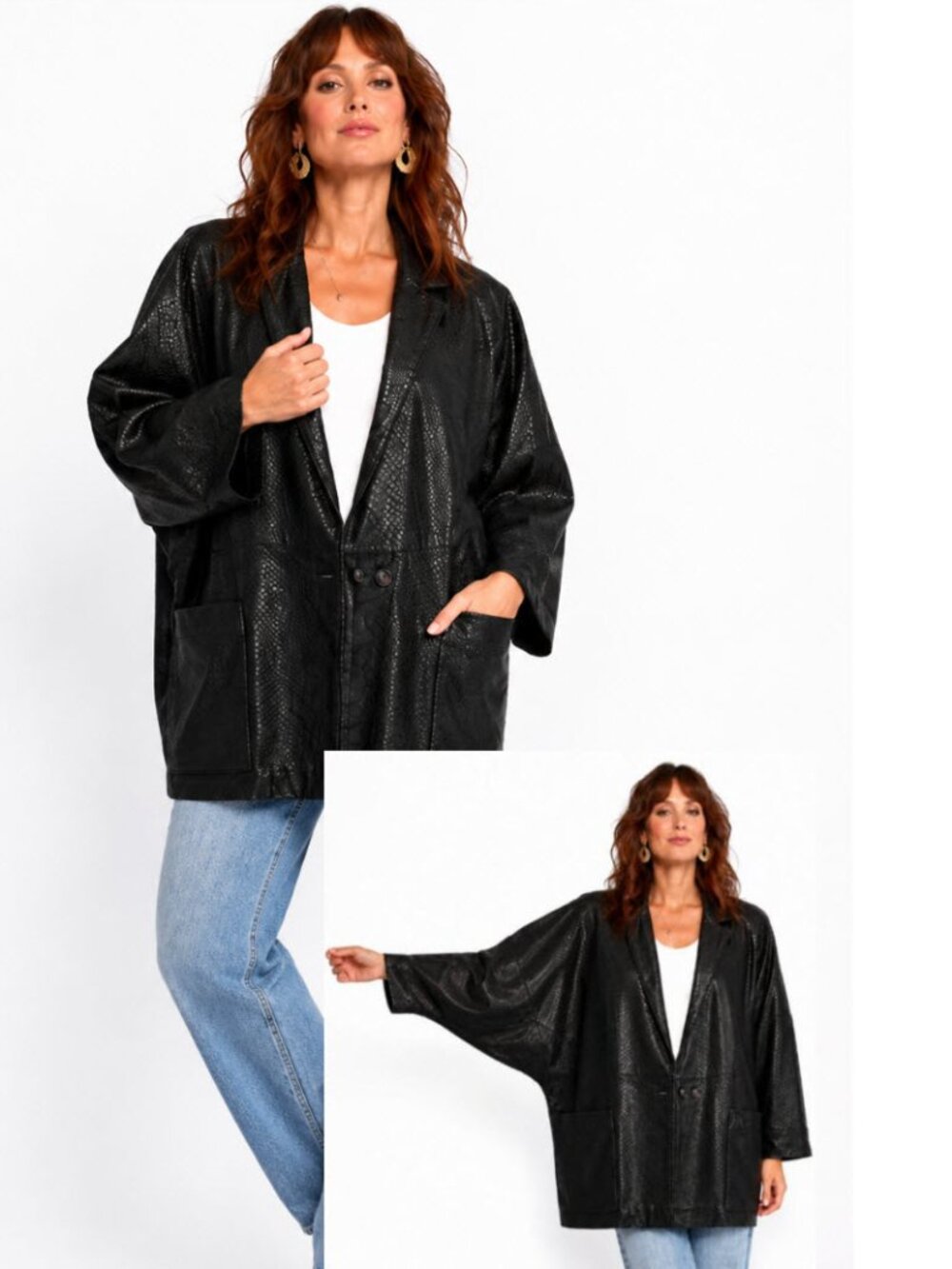 Vintage Black Textured Leather Batwing Jacket 80s Triangle Silhouette L